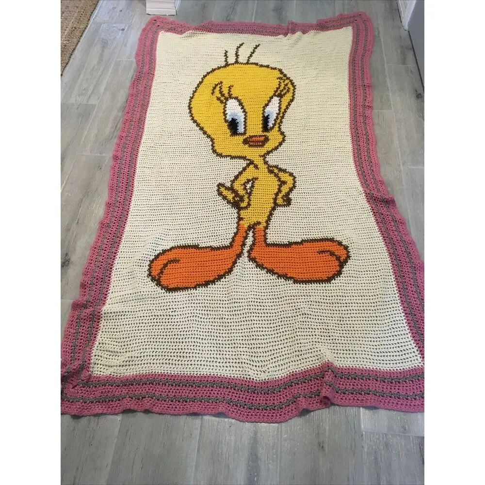 Tweety Bird Vtg Handmade Knit Crochet Baby‎ Blanket Throw Nursery 40